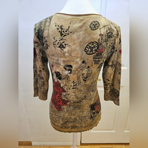 RARE NEW Y2K GLIMA Tan Red Tie Dye Print Japan Geisha Cotton Blouse Top S - Picture 8 of 9